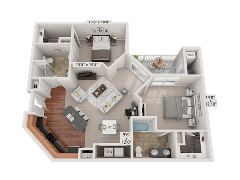 Floor plan for 2 beds, 2 baths, 1188 sqft